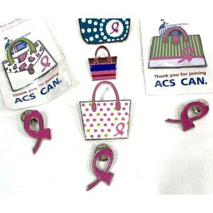 Breast Cancer Awareness Pins Brooches Set of Eight Silver Tone Pink Green Blue